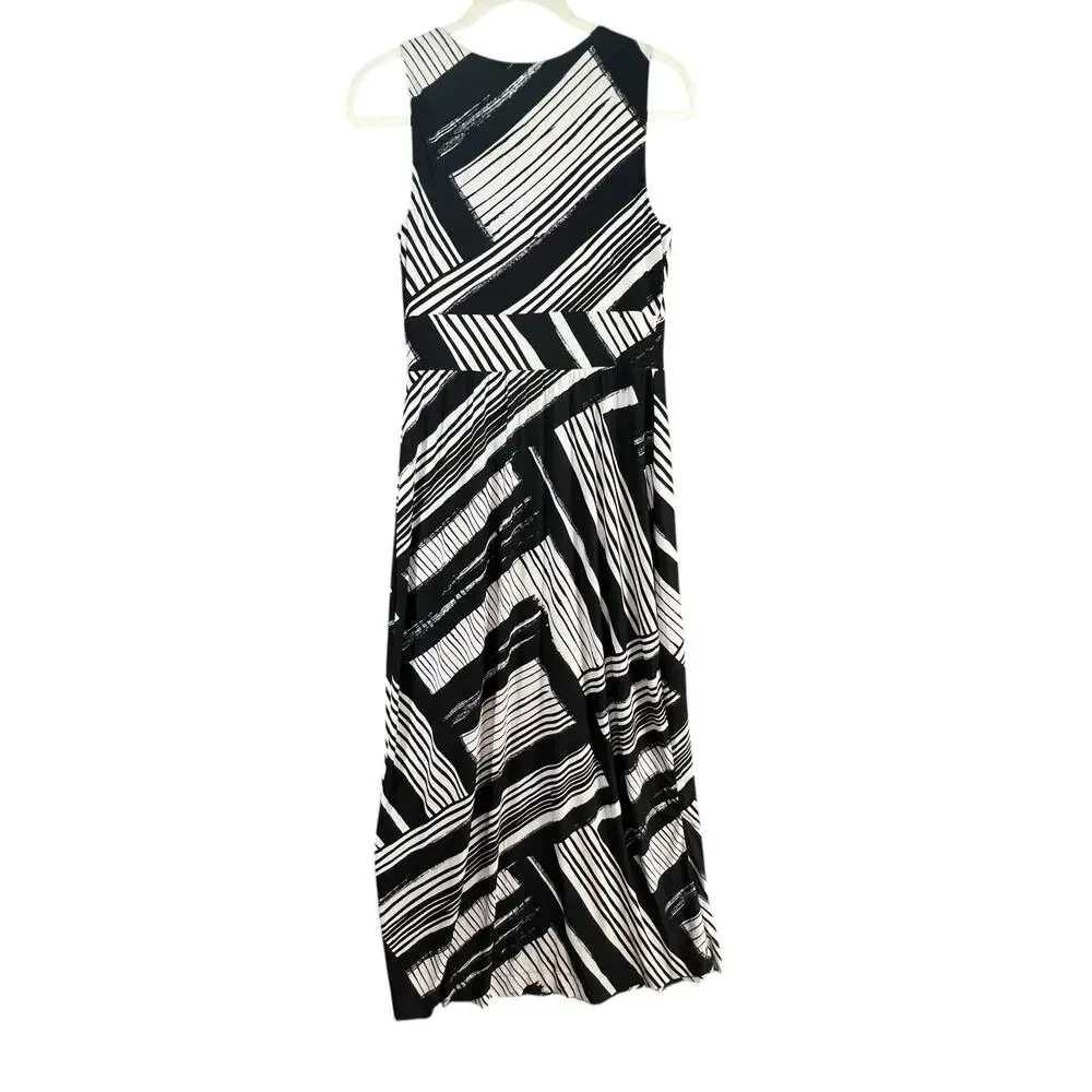 Soma Maxi Dress Womens S Black White Geometric Striped Empire Waist Soft Comfort